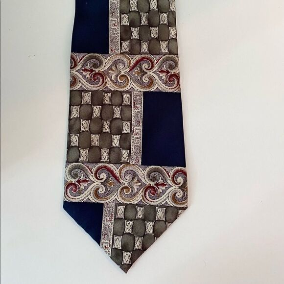 Vintage Pierre Cardin Silk Tie Black + Gray w/ Checked, Scroll + Greek Key - Picture 1 of 3
